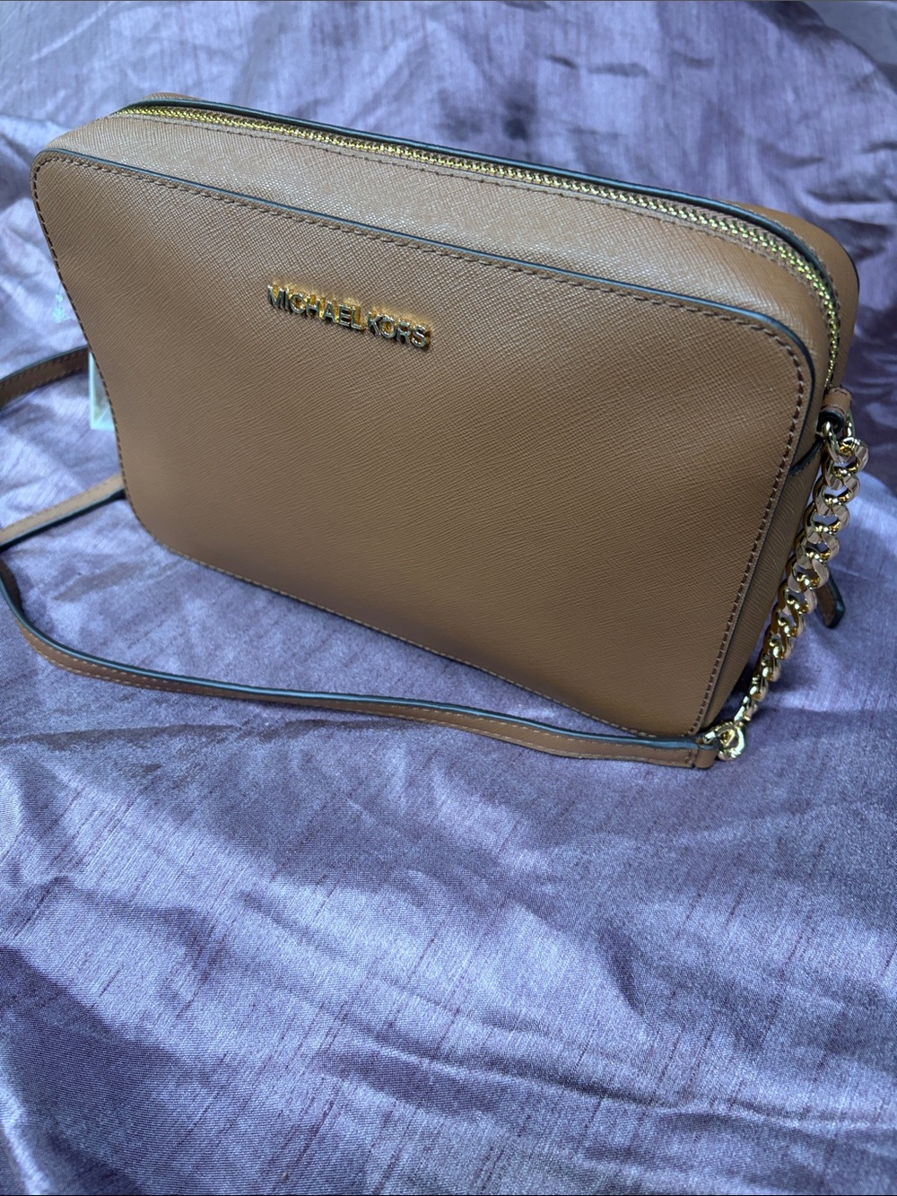 Michael Kors Tan Saffiano Leather Crossbody with Gold Chain
